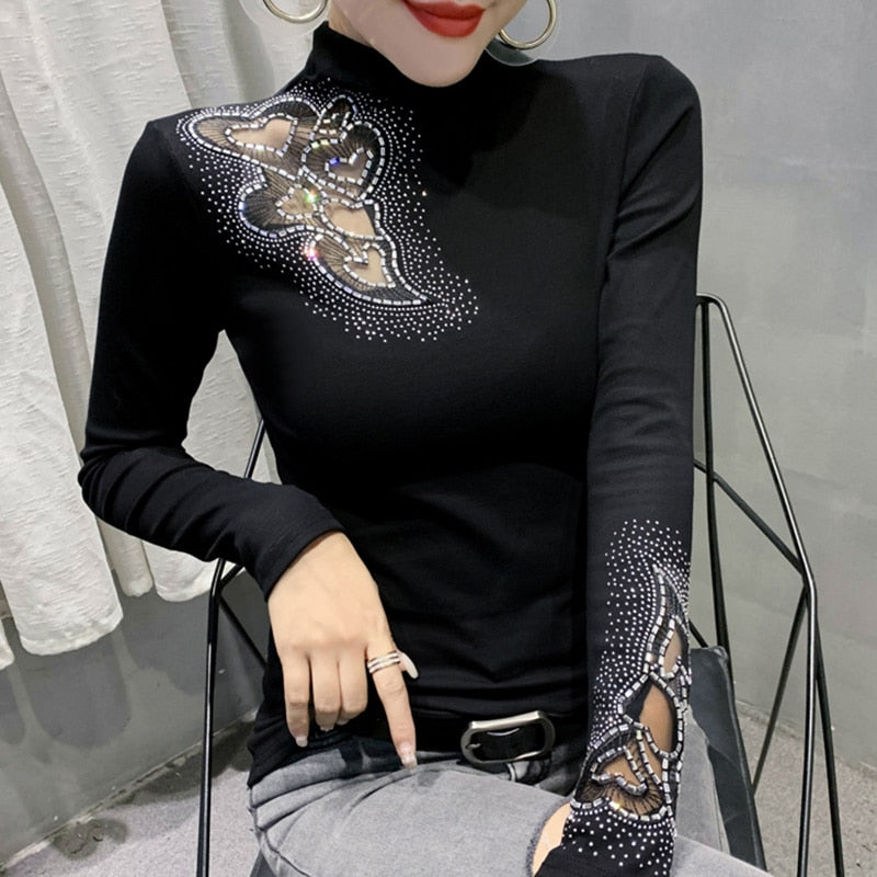 Women's Tops Shirt Casual Turtleneck Long Sleeve Hollow Out Hot Drilling Mesh T-Shirt - MERGE.DAY.1.FREESTYLE