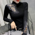 Women's Tops Shirt Casual Turtleneck Long Sleeve Hollow Out Hot Drilling Mesh T-Shirt - MERGE.DAY.1.FREESTYLE