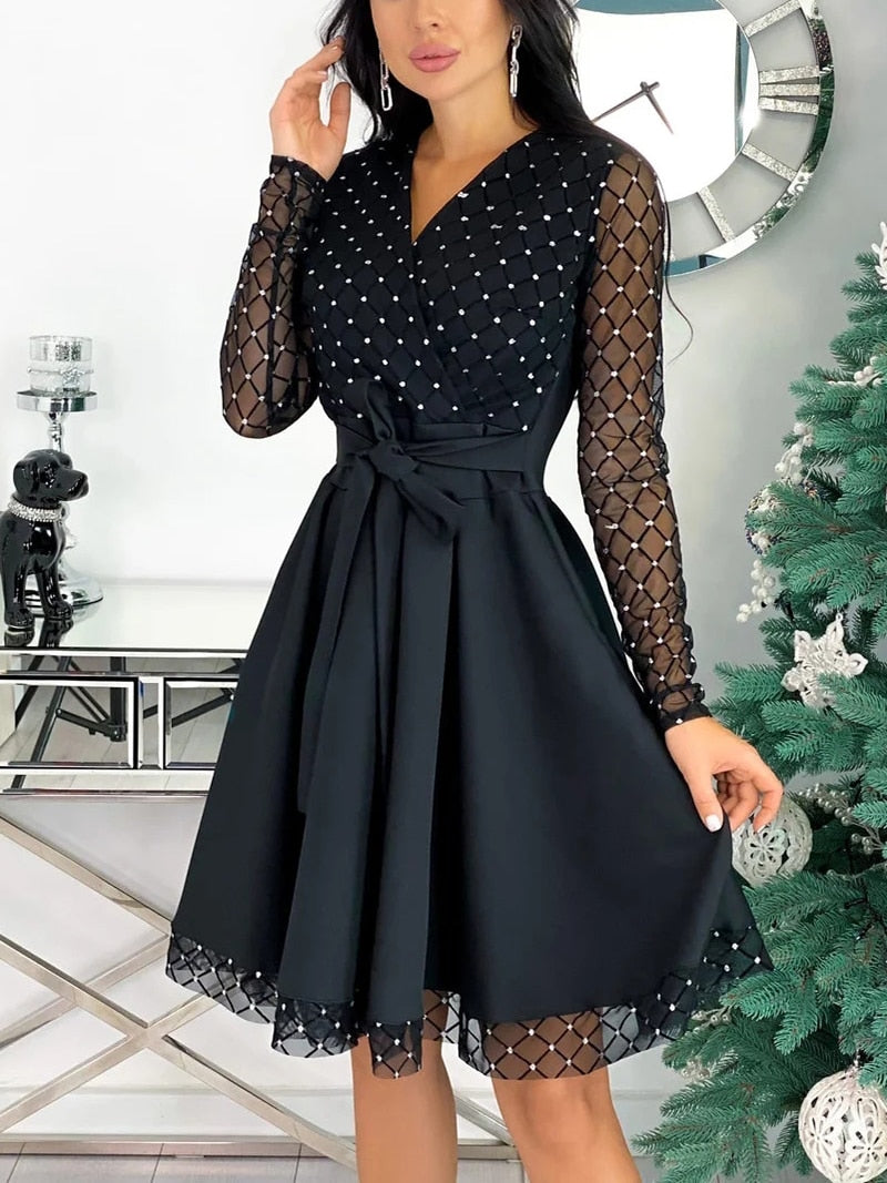 Shiny Sequin Diamond Mesh Stitching Dress Women Spring Autumn Sheer Long Sleeve Belted Slim A Line Dresses - MERGE.DAY.1.FREESTYLE