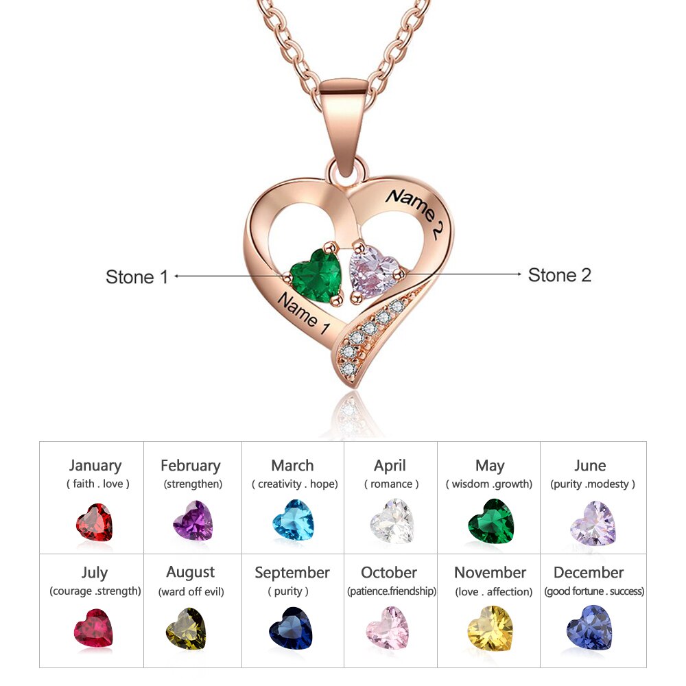 925 Sterling Silver Name Necklace with 2 Birthstones Custom Engraved Heart Pendant - MERGE.DAY.1.FREESTYLE