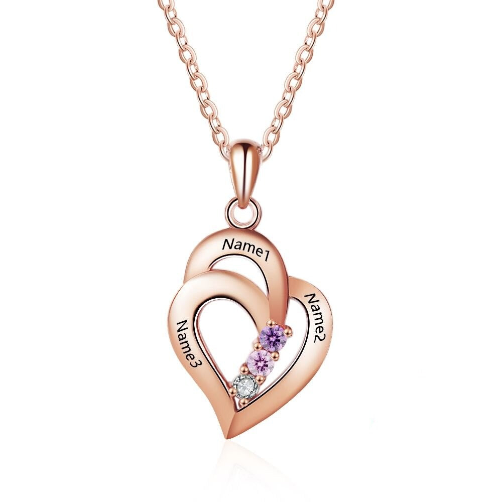925 Sterling Silver Mothers Necklace with 3 Birthstones Romantic Name Heart Pendants - MERGE.DAY.1.FREESTYLE
