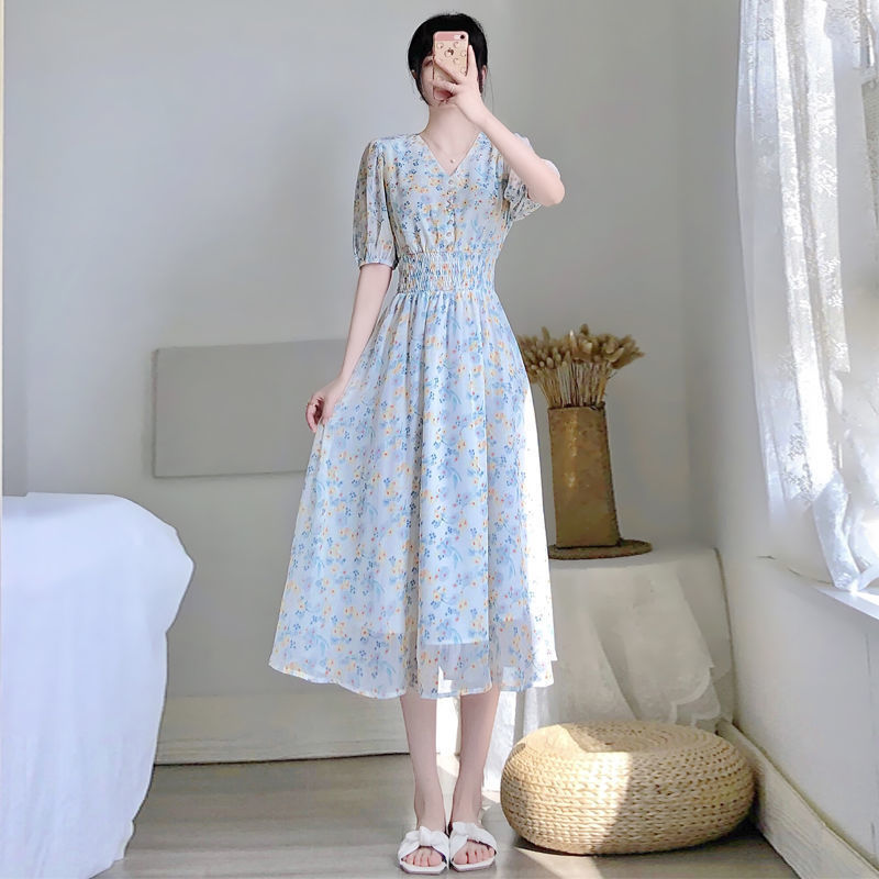 V-neck Chiffon Floral Dress Women Spring Summer Fairy Long Dresses Female - MERGE.DAY.1.FREESTYLE