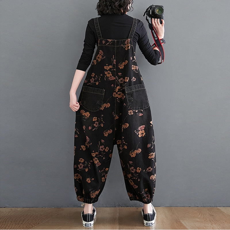 Loose Jeans Black Jumpsuit Casual Ladies Big Pockets Print Floral Denim Overalls Straps Rompers - MERGE.DAY.1.FREESTYLE