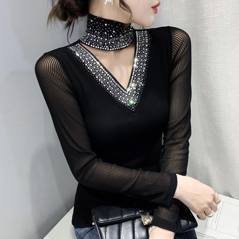 Women's Tops Shirt Casual Turtleneck Long Sleeve Hollow Out Hot Drilling Mesh T-Shirt - MERGE.DAY.1.FREESTYLE