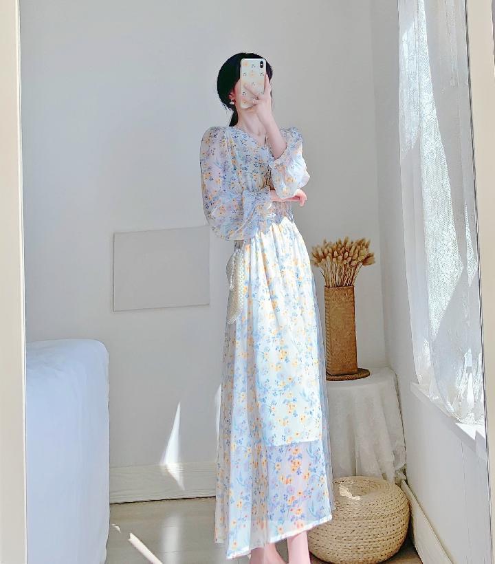 V-neck Chiffon Floral Dress Women Spring Summer Fairy Long Dresses Female - MERGE.DAY.1.FREESTYLE