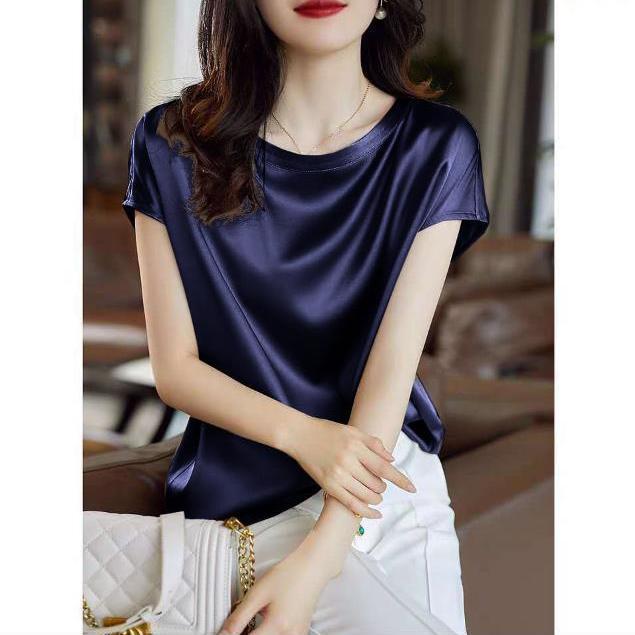 Silk Thin Short Sleeve Tees Style Slip Woman Summer Clothes Brown Tops Solid Loose Casual - MERGE.DAY.1.FREESTYLE