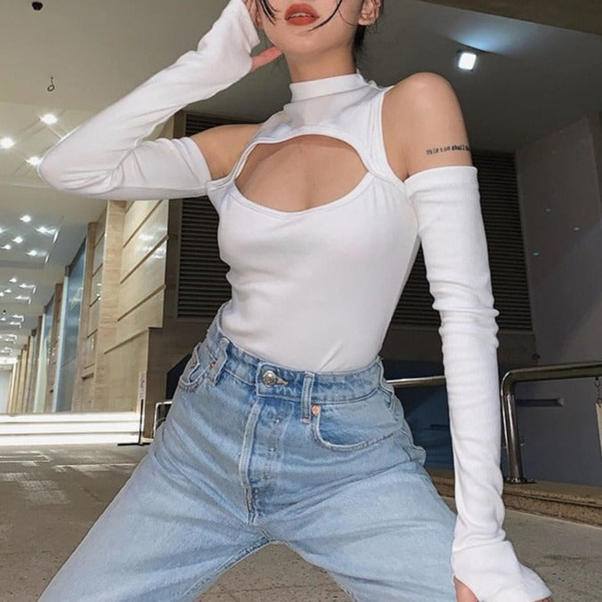 Women’s Long-sleeved Bodysuit Solid Color Hollow Off-shoulder Half High Collar Jumpsuit - MERGE.DAY.1.FREESTYLE