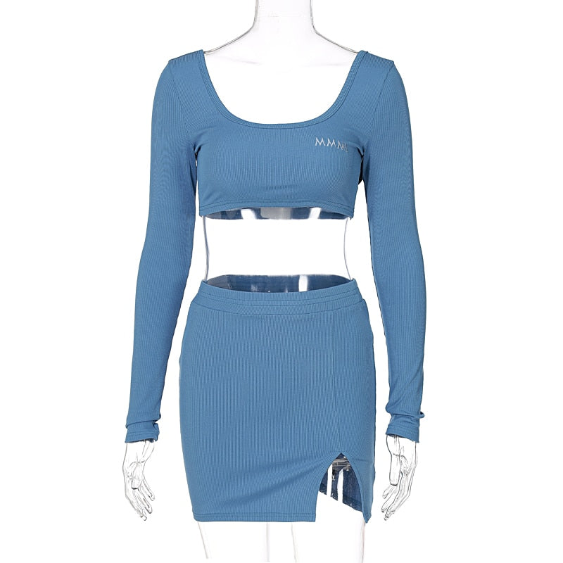Long Sleeves Solid Navel Low Neck Bodycon Top Sexy Mini Dress Set - MERGE.DAY.1.FREESTYLE