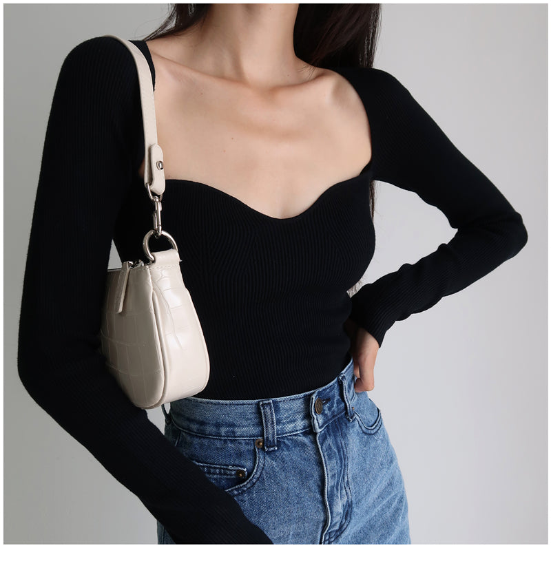 French Vintage Square Neck Knitted Tops Women Skinny Long Sleeve Pullover T-shirts Female - MERGE.DAY.1.FREESTYLE