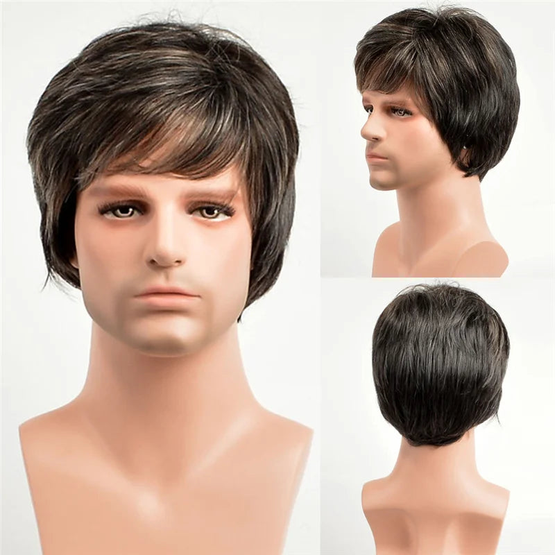 MSIWIGS Men Short Straight Wig Ombre Grey Brown Synthetic Wig White for Male Hair Fleeciness Realistic Natural Headgear - MERGE.DAY.1.FREESTYLE