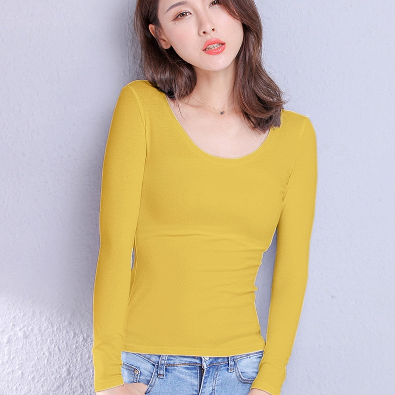 Cotton Women's T-shirt Long-sleeved Solid Color Women T-shirts Leisure Woman T shirt - MERGE.DAY.1.FREESTYLE