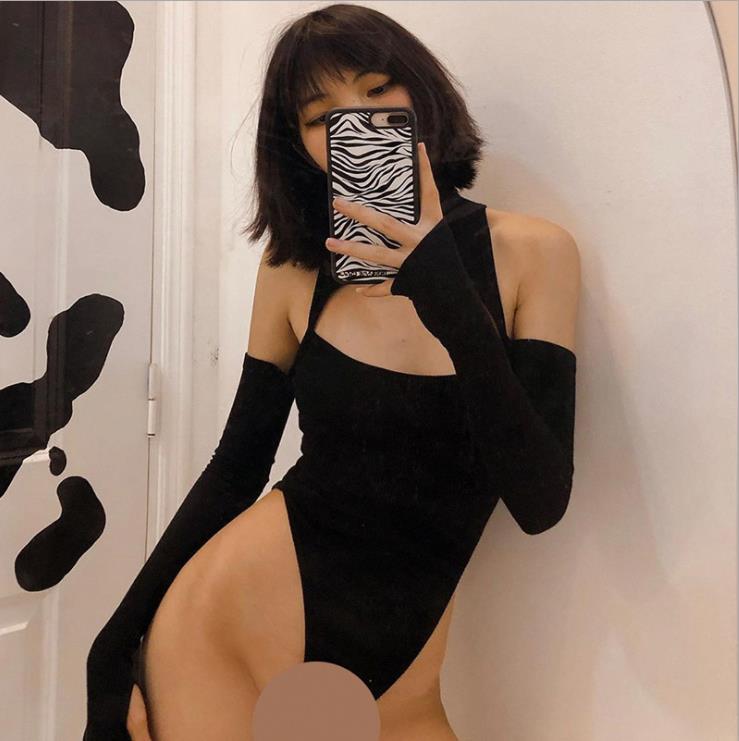 Women’s Long-sleeved Bodysuit Solid Color Hollow Off-shoulder Half High Collar Jumpsuit - MERGE.DAY.1.FREESTYLE