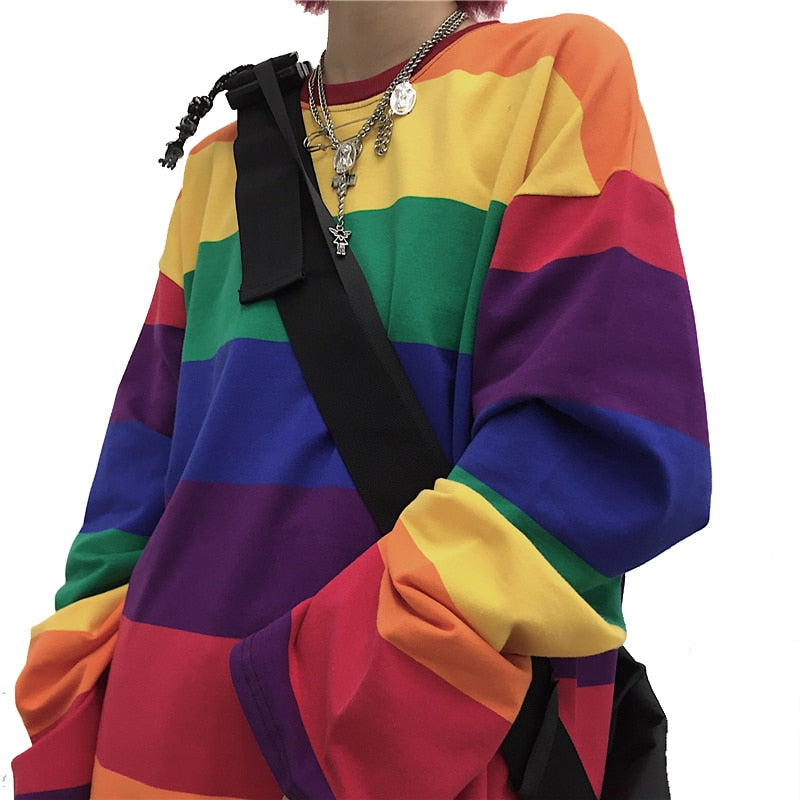 Rainbow Striped Women T Shirts Harajuku Fashion Tops Long Sleeves Oversize Tshirt O-Neck - MERGE.DAY.1.FREESTYLE