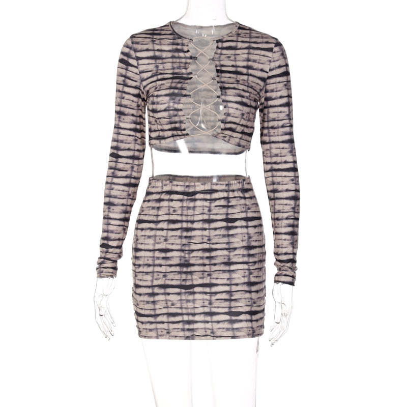 Print Satin Long Sleeve Bandage Crop Top Mini Dress 2 Pieces Set - MERGE.DAY.1.FREESTYLE