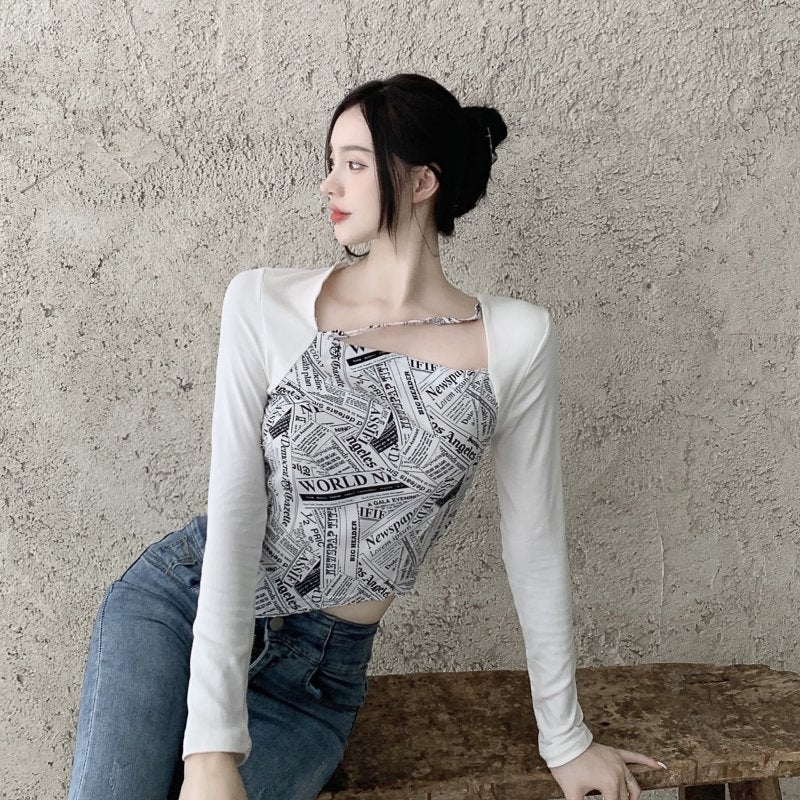 Letter Printed T-shirt Women Fake Two-piece Sexy Slim Long Sleeved Tops Female Cropped Tops - MERGE.DAY.1.FREESTYLE