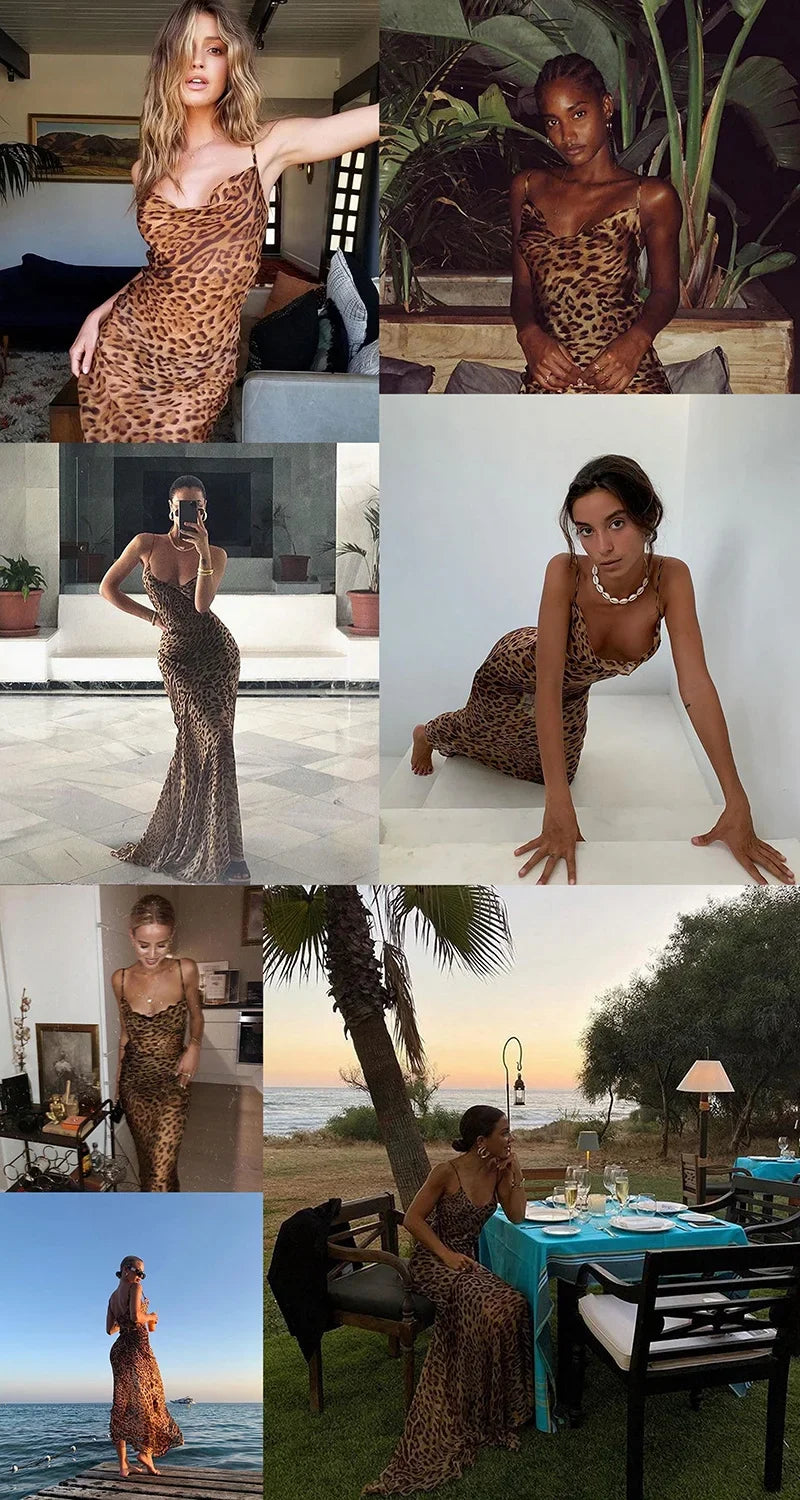 Leopard Print V-Neck Sexy Bodycon Long Dress Women Lace Up Backless Beach Vestidos - MERGE.DAY.1.FREESTYLE