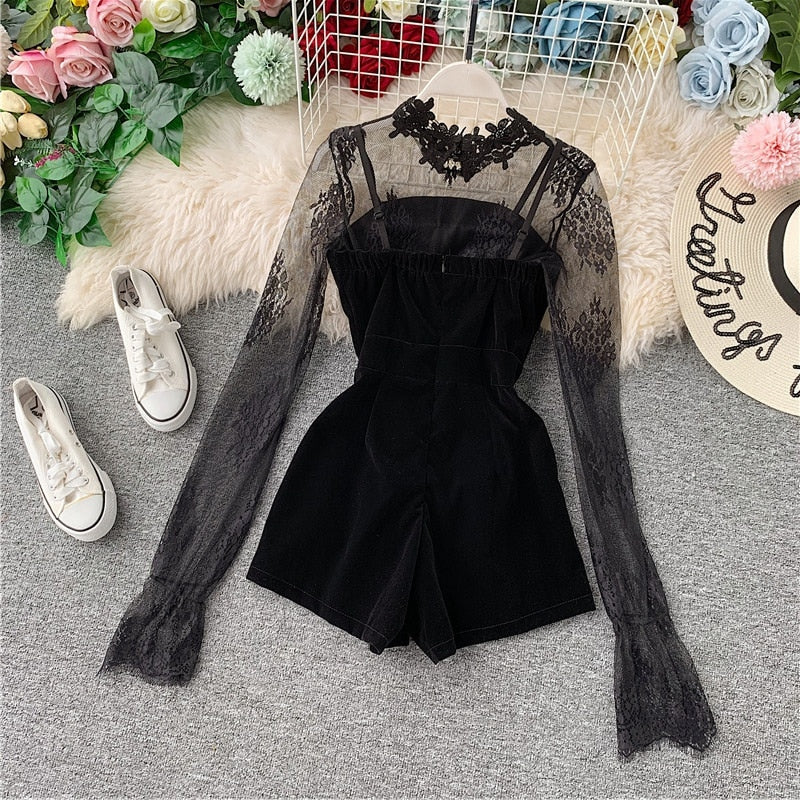 Long Sleeve Lace Embroidery Shirt Women Double Breasted Playsuits Slim Velvet Jumpsuits - MERGE.DAY.1.FREESTYLE