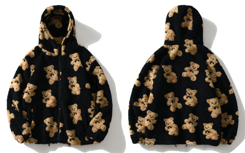 Hip Hop Men Women Fashion Bear Print Full Zip Hooded Coat Tops Outwear - MERGE.DAY.1.FREESTYLE