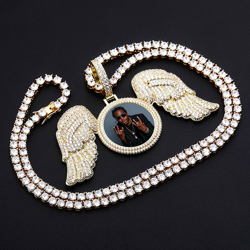 Angel Wings Custom Photo Medallion Necklace Iced Out Cubic Zirconia Pendant Hip Hop Jewelry - MERGE.DAY.1.FREESTYLE