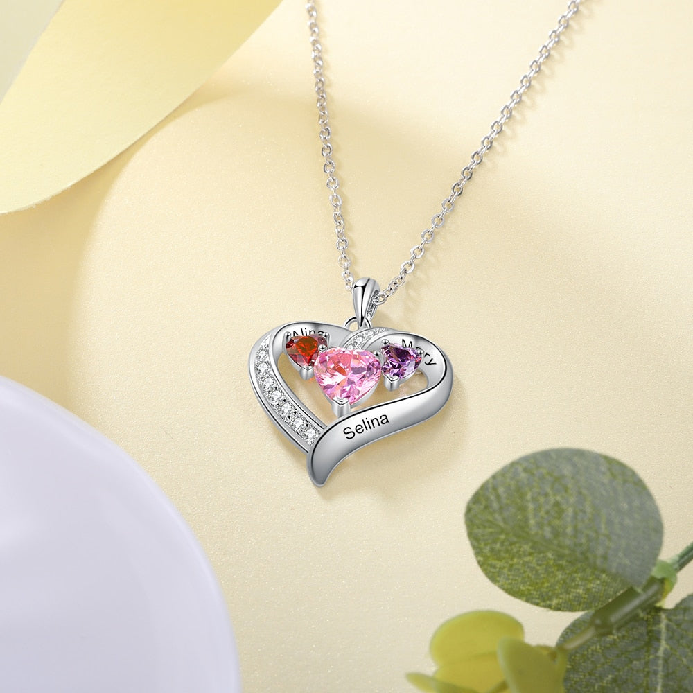 Name Engraved Heart Necklaces for Customized 3 Birthstone Necklace - MERGE.DAY.1.FREESTYLE