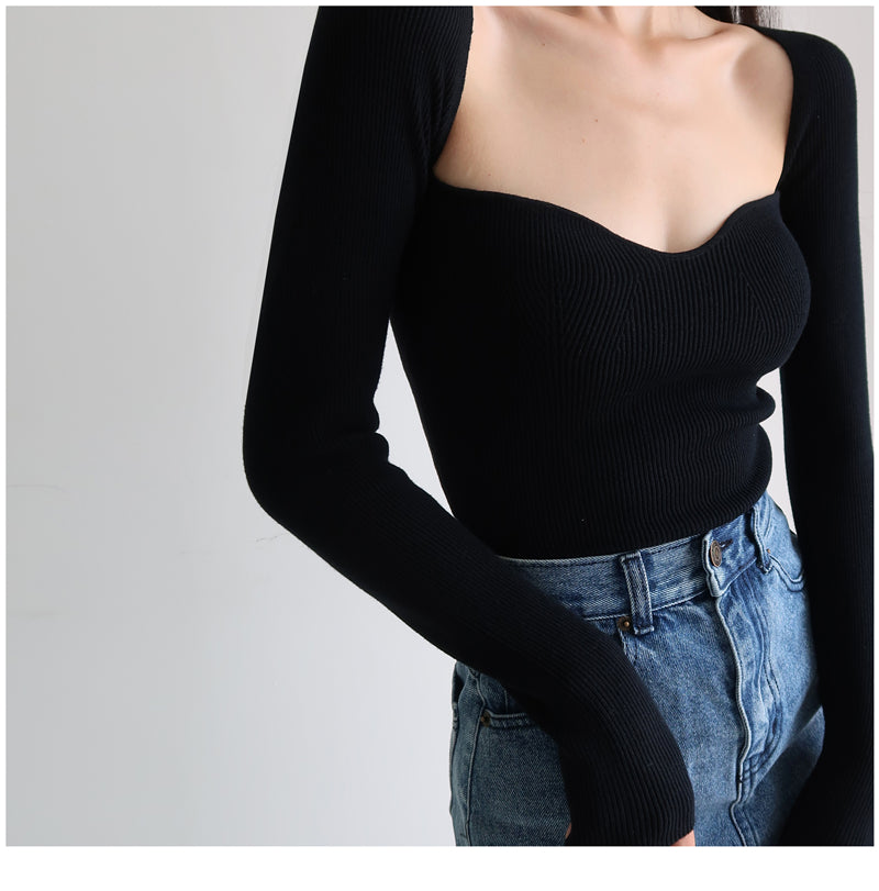 French Vintage Square Neck Knitted Tops Women Skinny Long Sleeve Pullover T-shirts Female - MERGE.DAY.1.FREESTYLE