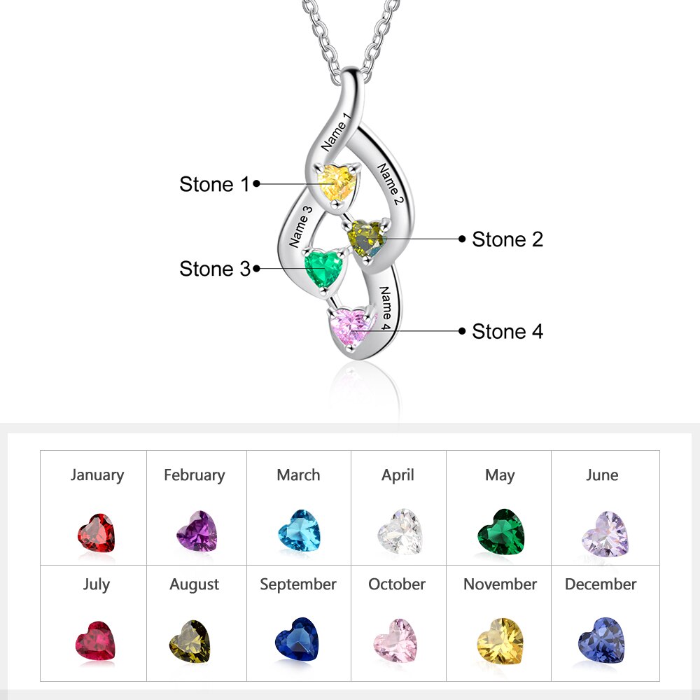925 Sterling Silver Mother Necklace with 4 Custom Birthstones Name Heart Necklaces - MERGE.DAY.1.FREESTYLE