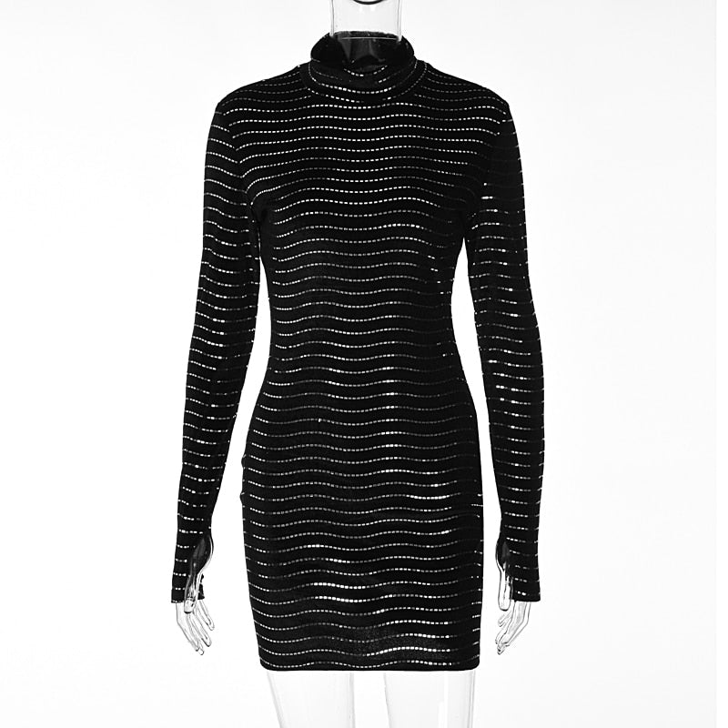 Sequins Long Sleeve Turtleneck Bodycon Slim Sexy Mini Dress Party Club Y2K - MERGE.DAY.1.FREESTYLE