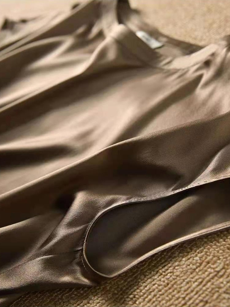 Silk Thin Short Sleeve Tees Style Slip Woman Summer Clothes Brown Tops Solid Loose Casual - MERGE.DAY.1.FREESTYLE