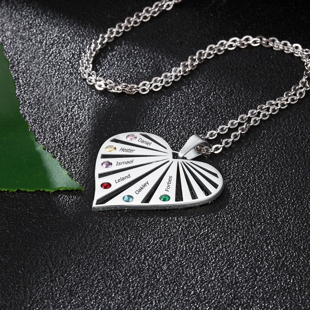 Personalized 6 Birthstones Necklaces for Women Custom Name Heart Stainless Steel Pendant - MERGE.DAY.1.FREESTYLE