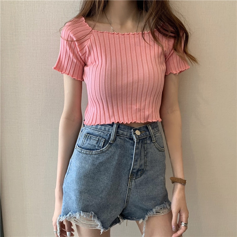 Women Off Shoulder T-shirts Knitted Ruffles Hem Crop Tops Short Sleeve T-shirts - MERGE.DAY.1.FREESTYLE