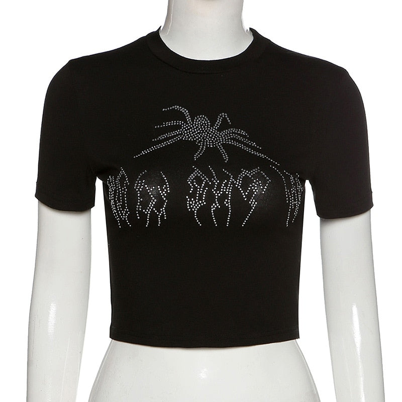 Punk Vintage Rhinestone Spider Goth Graphic T Shirt Women Y2k Style Crop Top O-neck Tshirt - MERGE.DAY.1.FREESTYLE