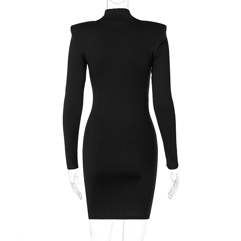 Women Spring Autumn Long Sleeve Bodycon Soild Color Black Slim Package Hip Mini Dress - MERGE.DAY.1.FREESTYLE
