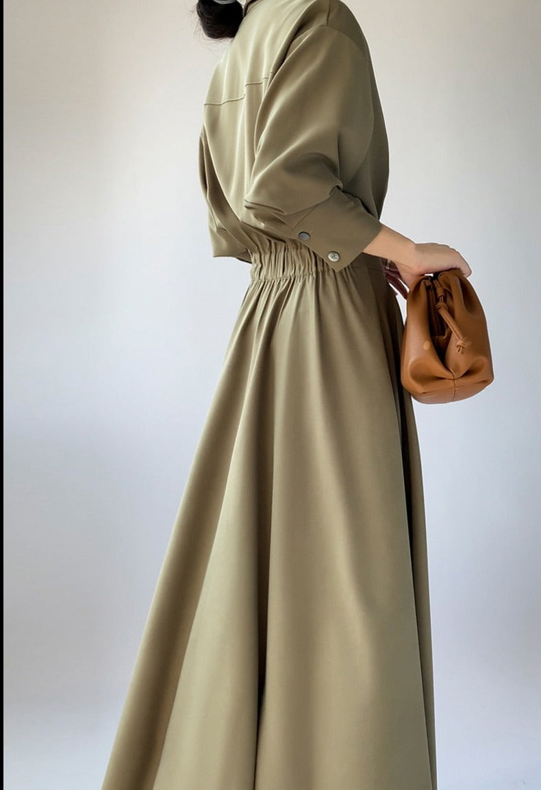 Turn-down Collar Women A-line Dress Long Sleeve Slim Waist Vestidos - MERGE.DAY.1.FREESTYLE