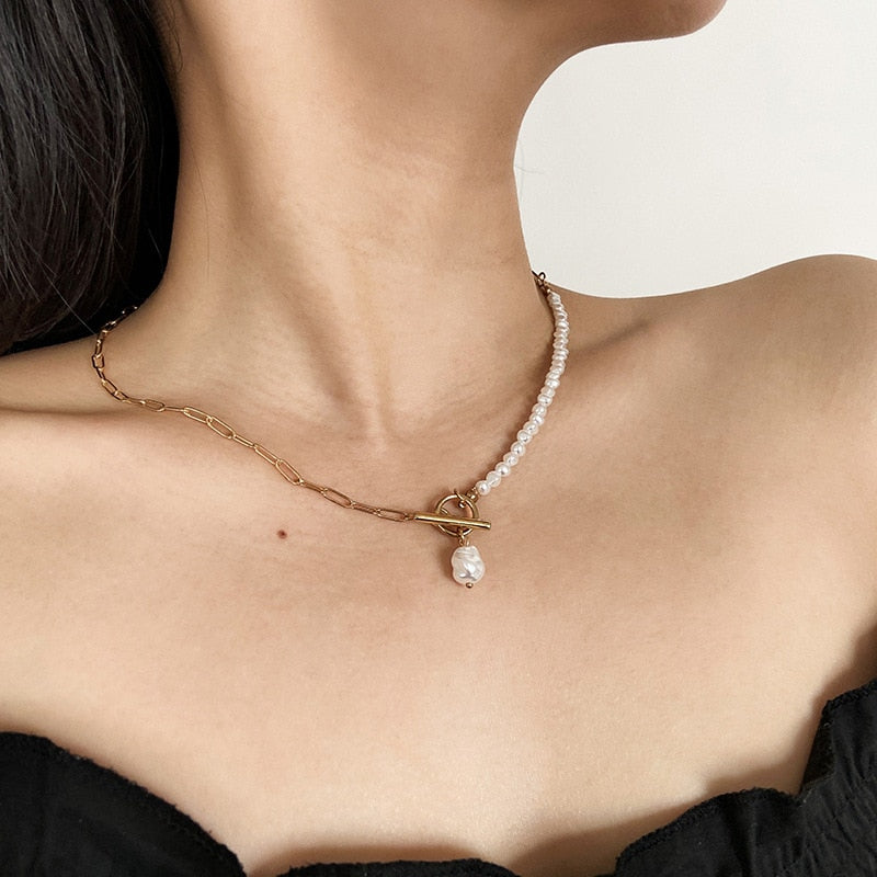 Water-wave Pearl Necklace For Women Charming Big Metal Geometric Statement Collar Necklace - MERGE.DAY.1.FREESTYLE