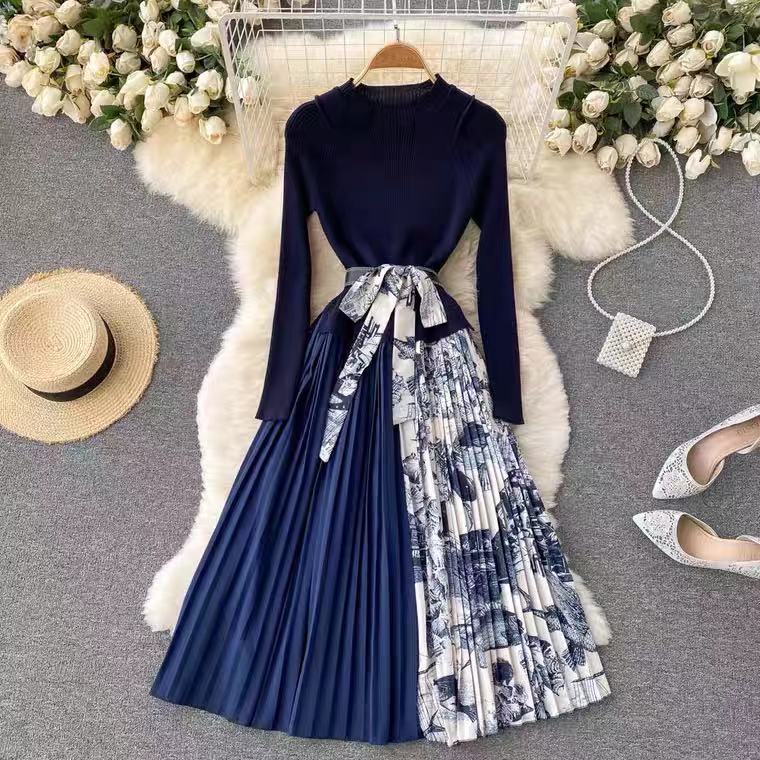 Knitted Patchwork Gradient Print Pleated Dress Long Sleeve Office One-Piece Sweater Dress With Belt - MERGE.DAY.1.FREESTYLE
