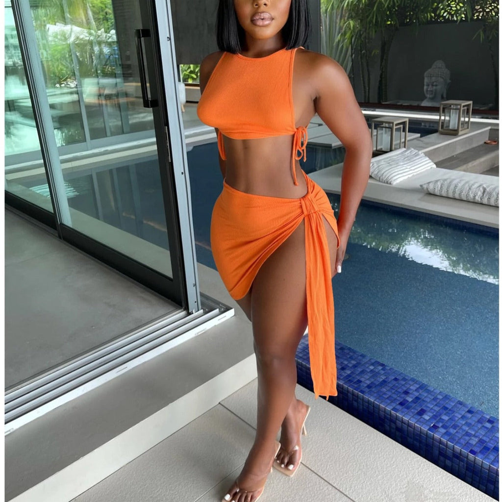 Knitted Ribbed Two Piece Set Bandage Crop Top Bodycon Mini Skirts Beachwear Outfits Summer - MERGE.DAY.1.FREESTYLE
