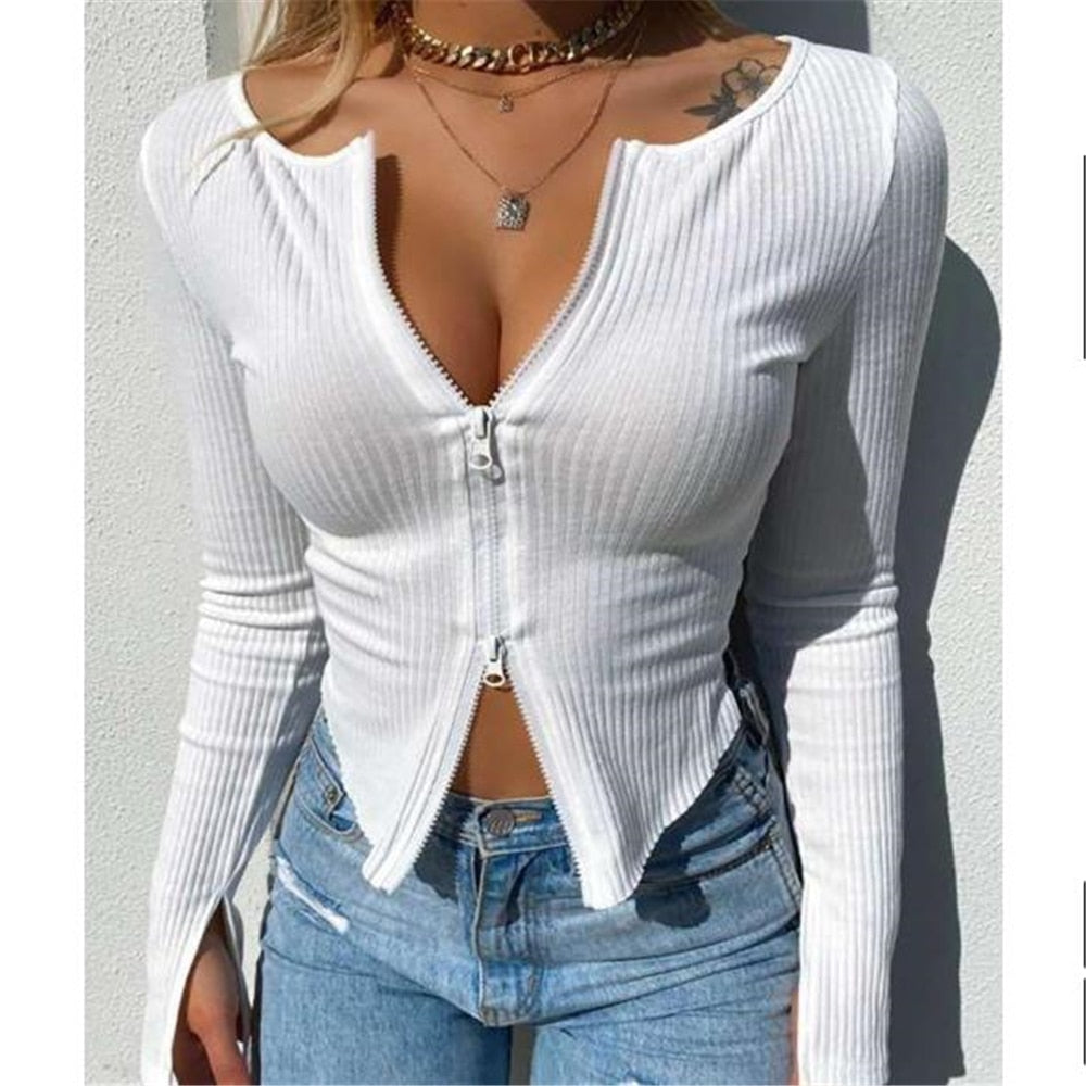 Women T-shirt Ribbed Knitted Long Sleeve Crop Tops Zipper Tee Female Slim - MERGE.DAY.1.FREESTYLE
