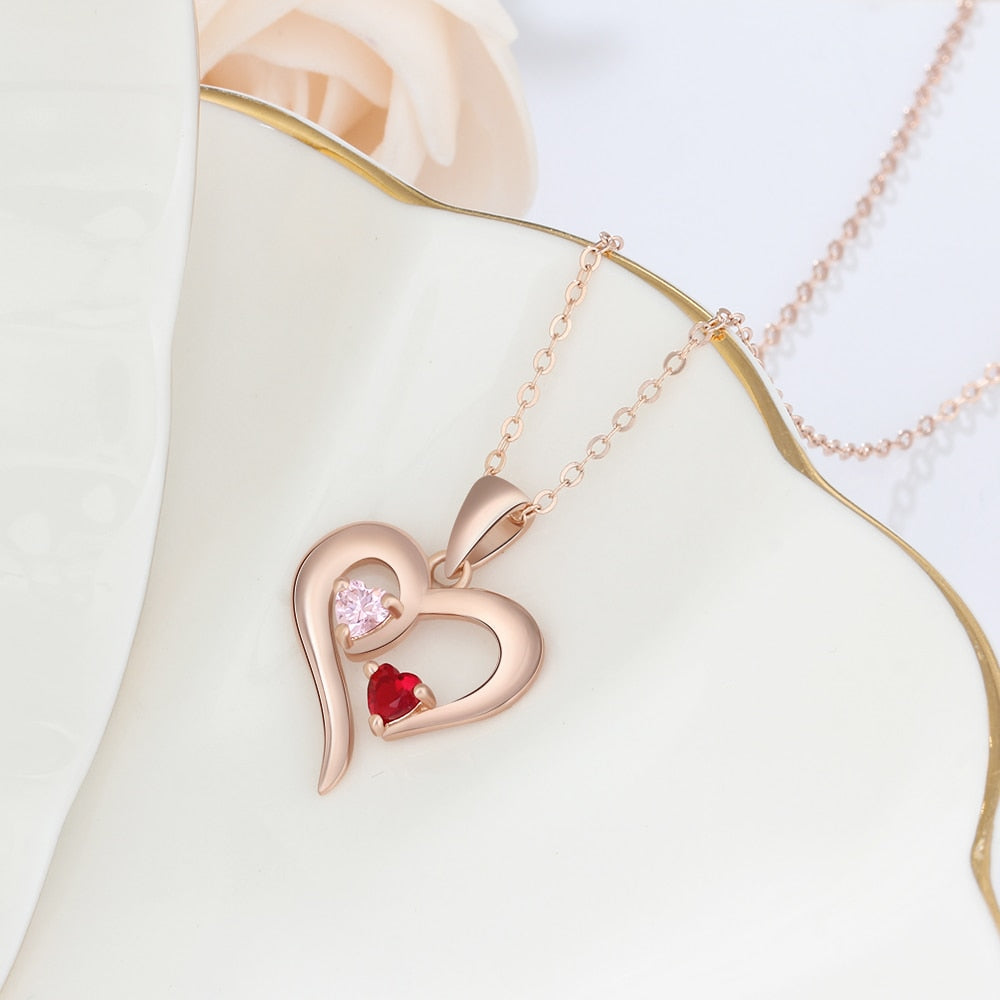 925 Sterling Silver Heart Necklace with 2 Birthstones Custom Engrave Name Pendant - MERGE.DAY.1.FREESTYLE