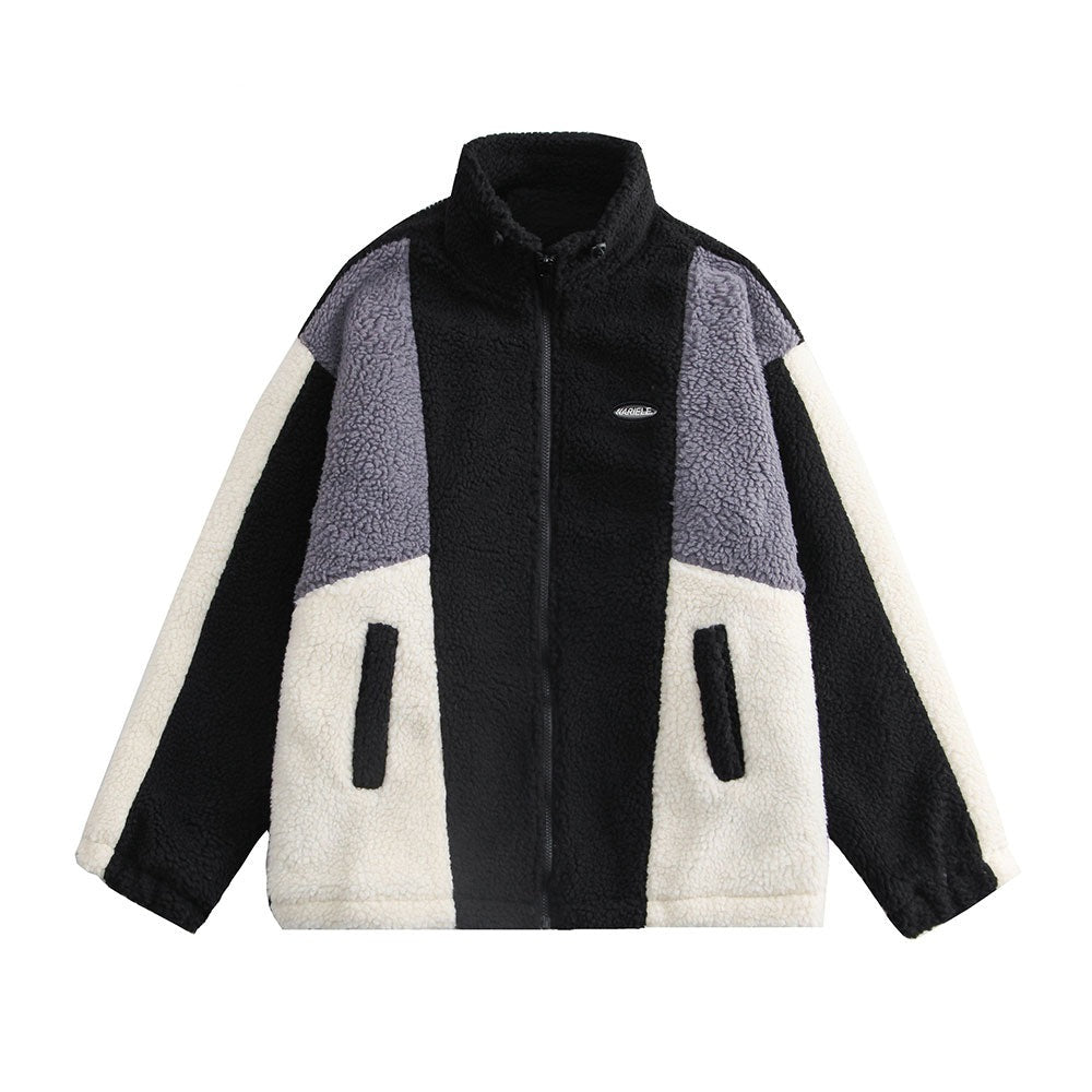Color Block Patchwork Cotton Thick Warm Varsity Fuzzy Coat Jackets - MERGE.DAY.1.FREESTYLE