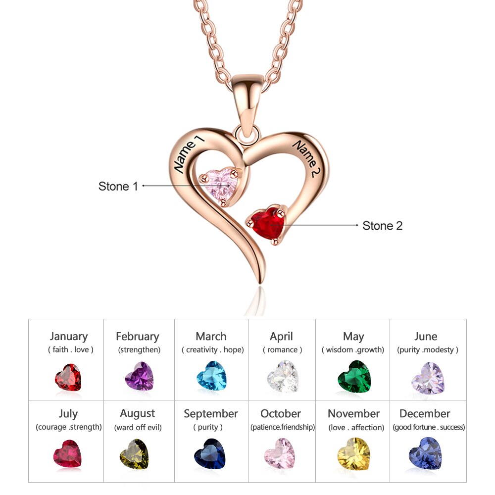 925 Sterling Silver Heart Necklace with 2 Birthstones Custom Engrave Name Pendant - MERGE.DAY.1.FREESTYLE