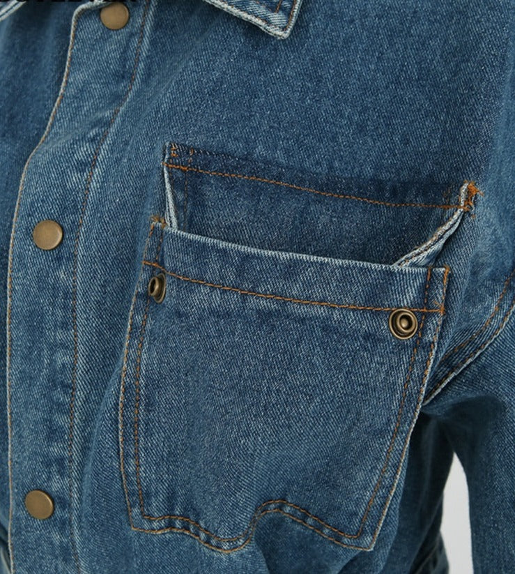Denim Dress Full Sleeve Single-breasted Pockets Slim Waist Mid-length - MERGE.DAY.1.FREESTYLE