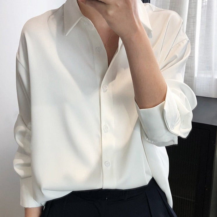 Satin Shirts Long Sleeve Turn Down Collar Elegant Office Ladies Workwear - MERGE.DAY.1.FREESTYLE