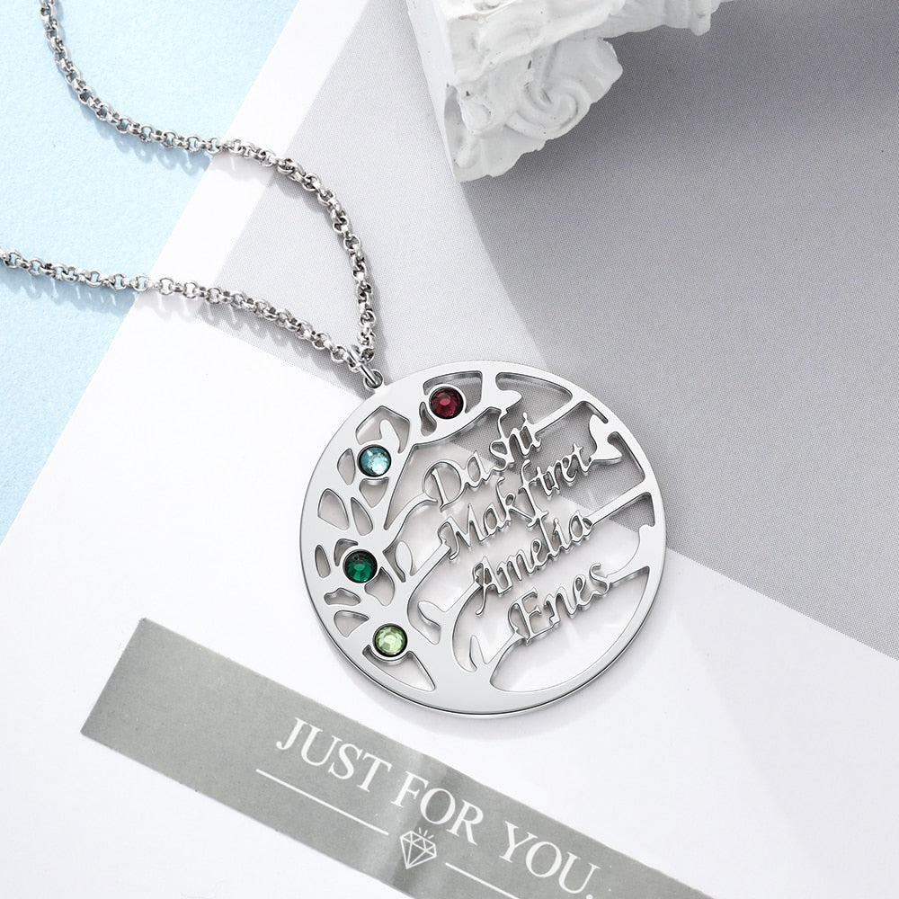 Family Tree Necklace with 4 Birthstones Name Necklace - MERGE.DAY.1.FREESTYLE