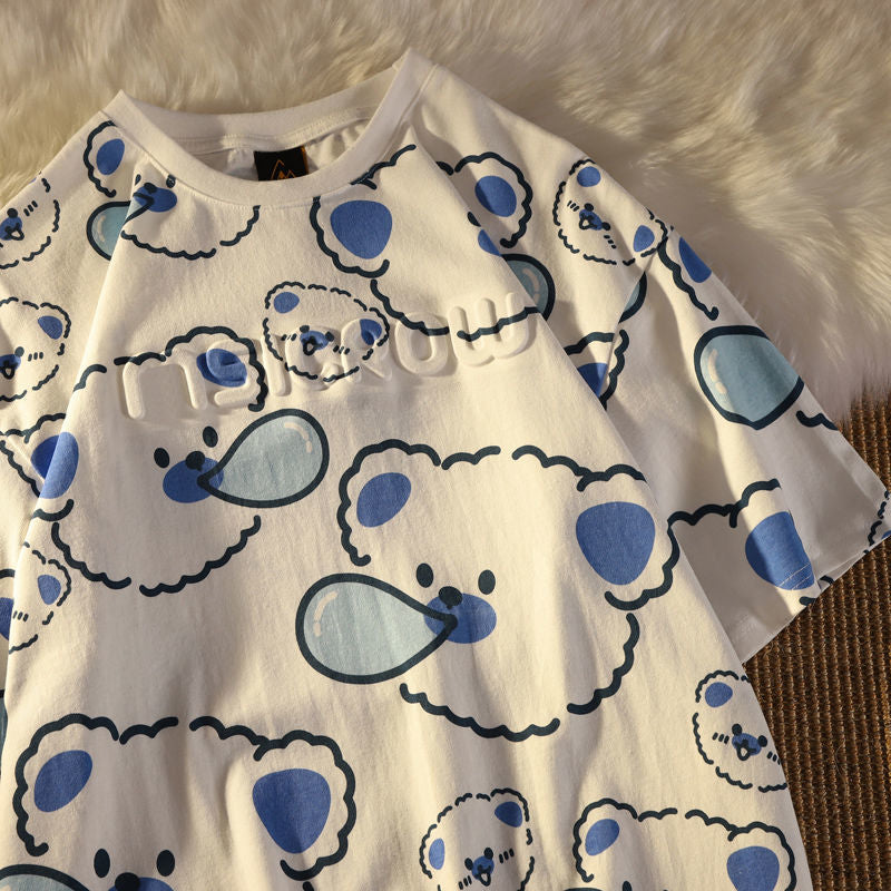 Summer Full Print Cartoon Bear Kawaii Short-Sleeved T-Shirt Loose Harajuku Casual - MERGE.DAY.1.FREESTYLE