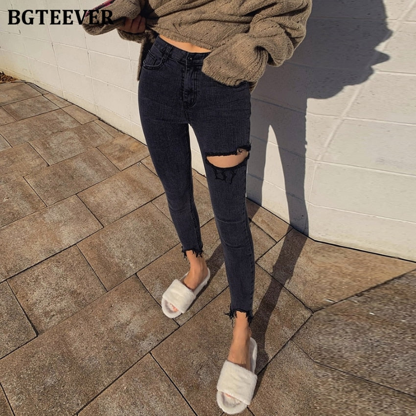 Irregular Ripped Holes Women Pencil Denim Jeans Stylish High Waist Stretched - MERGE.DAY.1.FREESTYLE