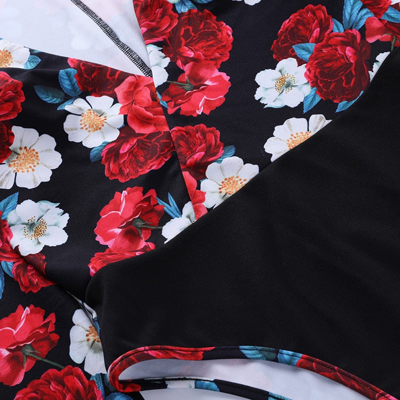 Spring Elegant Boho Print Bodysuits Rompers Women Jumpsuits Puff Sleeve Skinny Sexy V-neck - MERGE.DAY.1.FREESTYLE