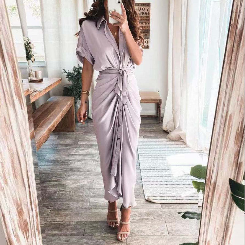 Vestido largo elegante de verano para mujer, de manga corta, con abertura, cuello tipo polo, botones y drapeado para fiesta