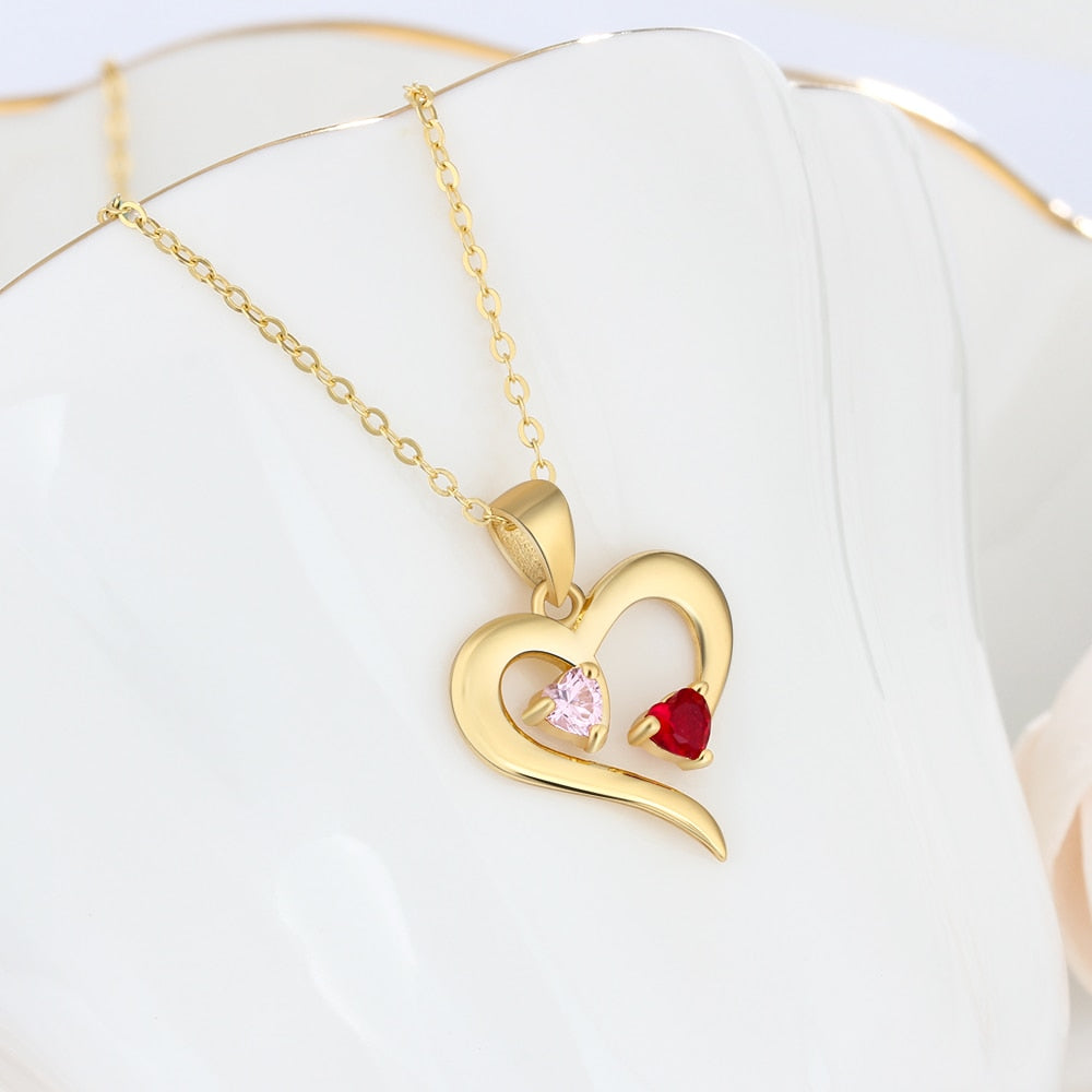 925 Sterling Silver Heart Necklace with 2 Birthstones Custom Engrave Name Pendant - MERGE.DAY.1.FREESTYLE