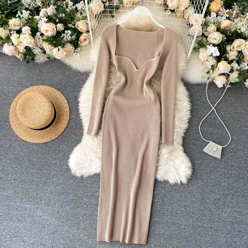 Strapless Ribbed Knitted Bodycon Dress Women Winter Long Sleeve Midi Sweater Dress - MERGE.DAY.1.FREESTYLE