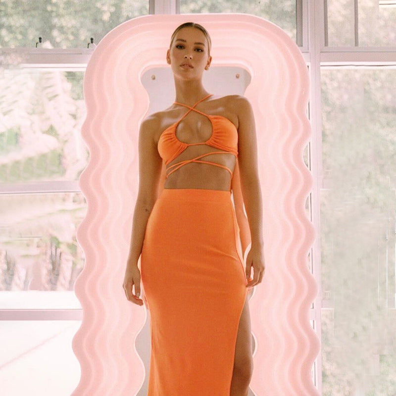 Cryptographic Bandage Cut Out Sexy Halter Neck Top and Skirts Set Gathered Elegant - MERGE.DAY.1.FREESTYLE